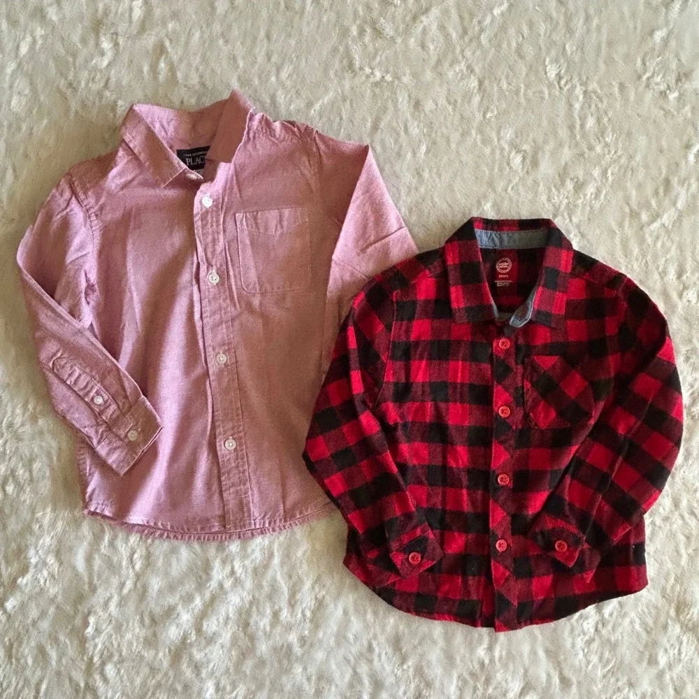 Long Sleeve Button Down Shirts Boys 3T Red Plaid Flannel Excellent
